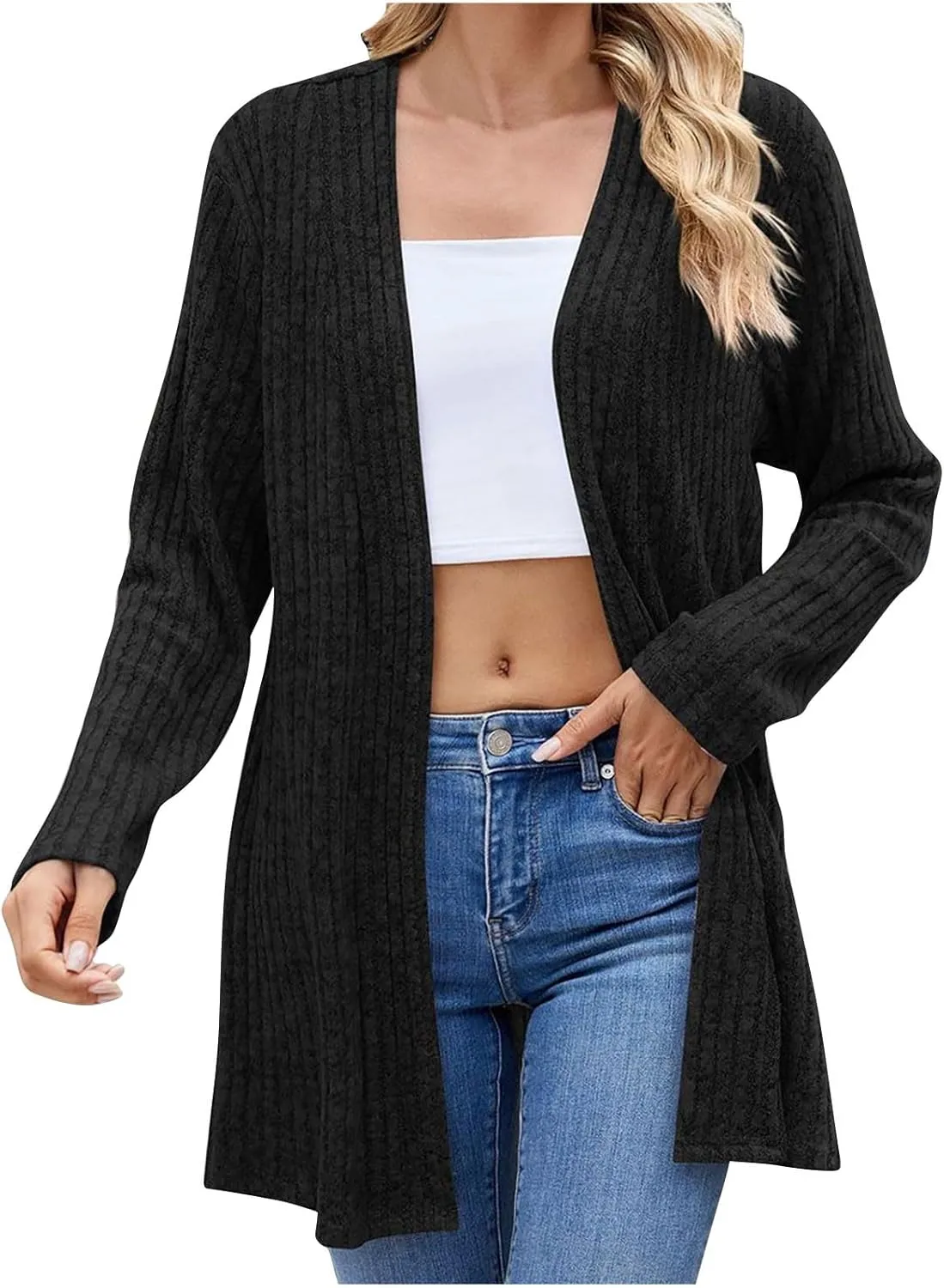 2024 Long Cardigan Sweaters For Women Trendy Chunky Cable Knit Open Front Cardigans Light Weight Cotton Fall Outfits