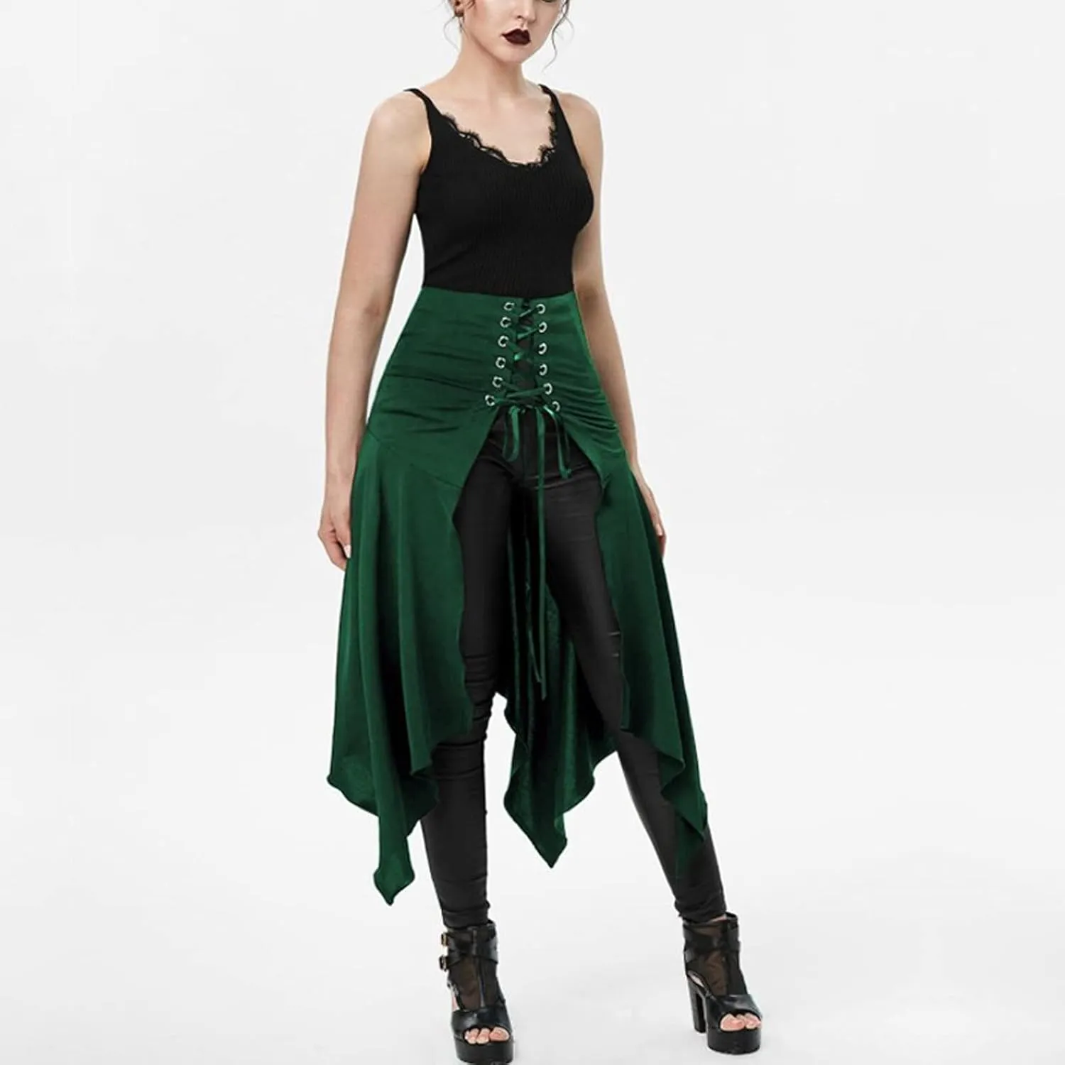 2025 Halloween Goth High Waisted Long Skirts for Women Trendy Asymmetrical High Split Skirts Hem Ruched Flowy Skirt