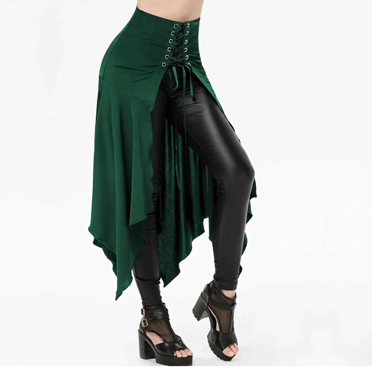 2025 Halloween Goth High Waisted Long Skirts for Women Trendy Asymmetrical High Split Skirts Hem Ruched Flowy Skirt