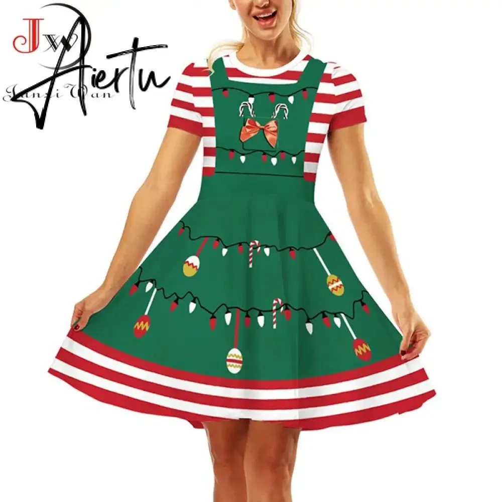Aiertu  Elegant Print Women Christmas Dress  Short Sleeve High Waist Big Swing Vintage Xmas Party Sundress Casual Robe Femme