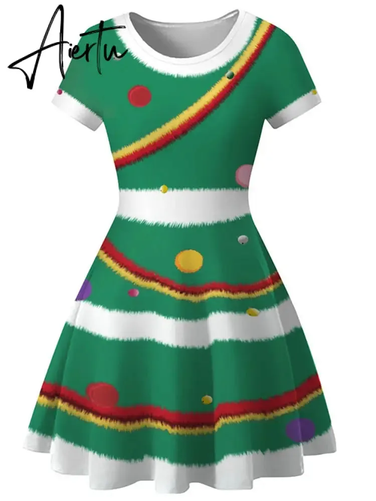 Aiertu  Elegant Print Women Christmas Dress  Short Sleeve High Waist Big Swing Vintage Xmas Party Sundress Casual Robe Femme