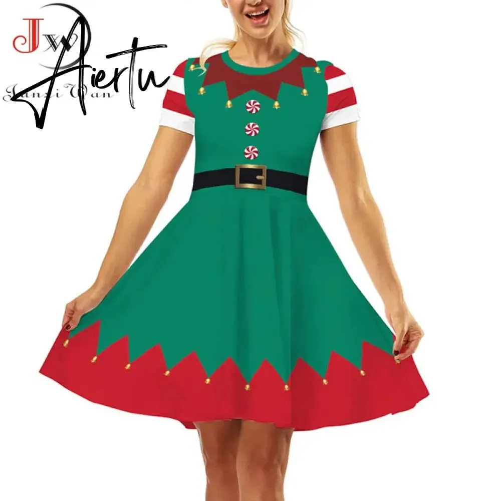 Aiertu  Elegant Print Women Christmas Dress  Short Sleeve High Waist Big Swing Vintage Xmas Party Sundress Casual Robe Femme