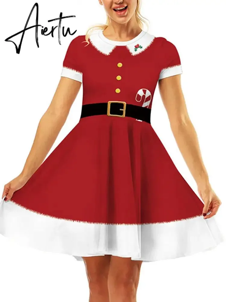 Aiertu  Elegant Print Women Christmas Dress  Short Sleeve High Waist Big Swing Vintage Xmas Party Sundress Casual Robe Femme