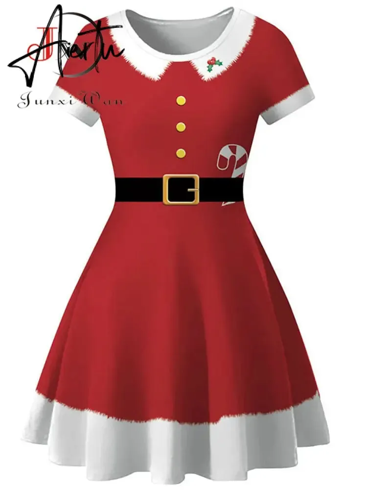 Aiertu  Elegant Print Women Christmas Dress  Short Sleeve High Waist Big Swing Vintage Xmas Party Sundress Casual Robe Femme