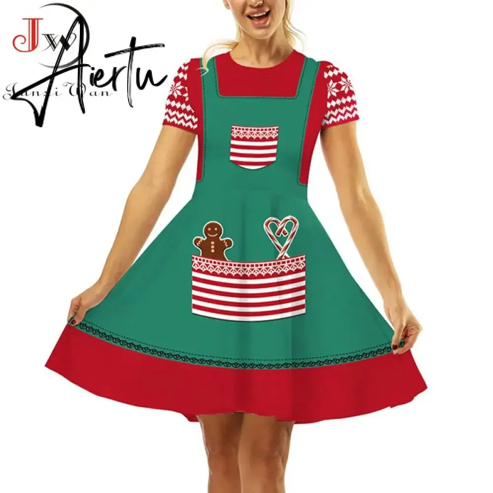 Aiertu  Elegant Print Women Christmas Dress  Short Sleeve High Waist Big Swing Vintage Xmas Party Sundress Casual Robe Femme