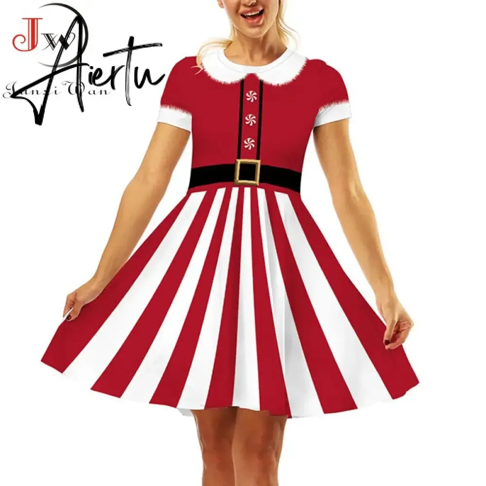 Aiertu  Elegant Print Women Christmas Dress  Short Sleeve High Waist Big Swing Vintage Xmas Party Sundress Casual Robe Femme