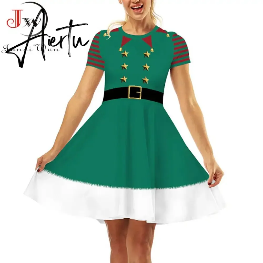 Aiertu  Elegant Print Women Christmas Dress  Short Sleeve High Waist Big Swing Vintage Xmas Party Sundress Casual Robe Femme