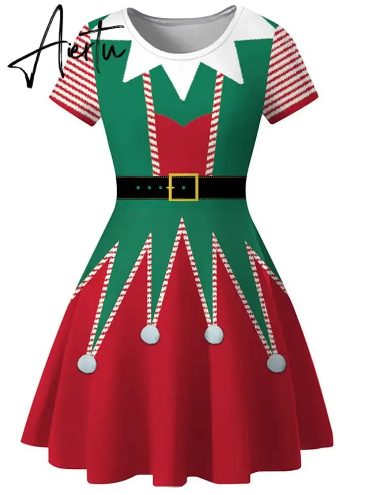 Aiertu  Elegant Print Women Christmas Dress  Short Sleeve High Waist Big Swing Vintage Xmas Party Sundress Casual Robe Femme
