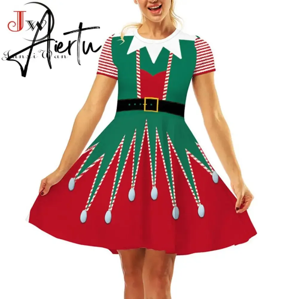 Aiertu  Elegant Print Women Christmas Dress  Short Sleeve High Waist Big Swing Vintage Xmas Party Sundress Casual Robe Femme
