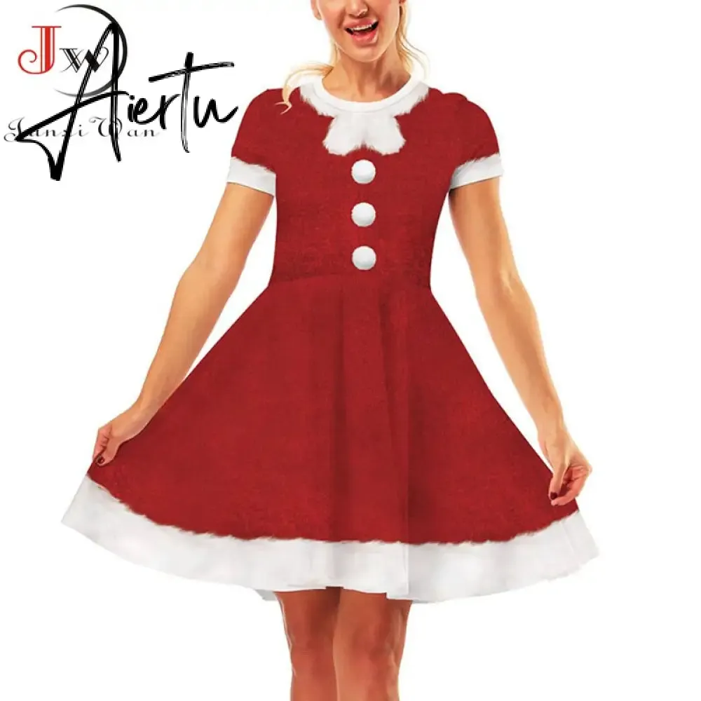 Aiertu  Elegant Print Women Christmas Dress  Short Sleeve High Waist Big Swing Vintage Xmas Party Sundress Casual Robe Femme
