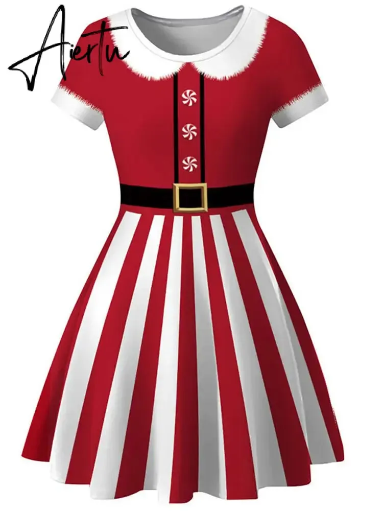 Aiertu  Elegant Print Women Christmas Dress  Short Sleeve High Waist Big Swing Vintage Xmas Party Sundress Casual Robe Femme