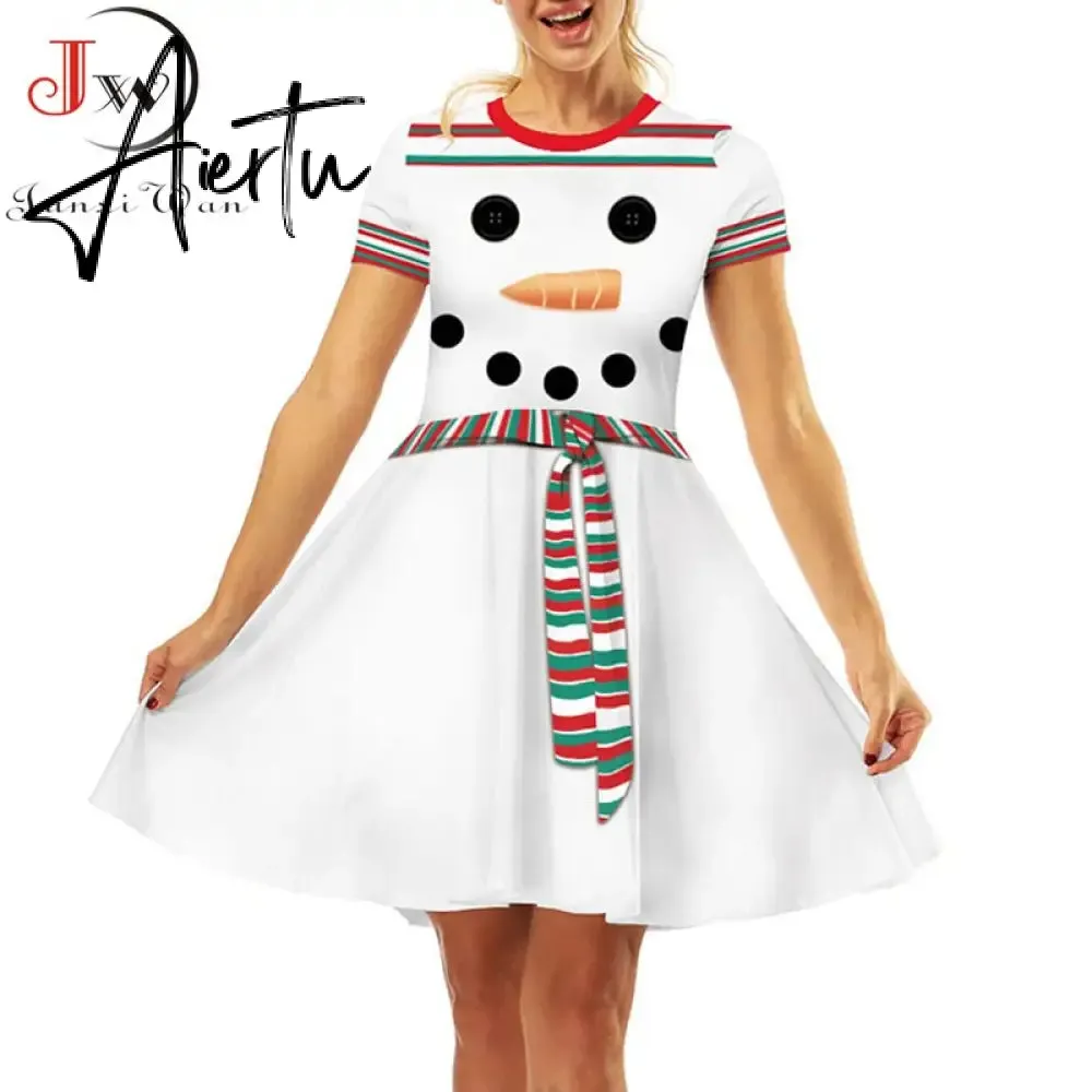Aiertu  Elegant Print Women Christmas Dress  Short Sleeve High Waist Big Swing Vintage Xmas Party Sundress Casual Robe Femme