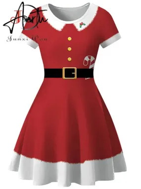 Aiertu  Elegant Print Women Christmas Dress  Short Sleeve High Waist Big Swing Vintage Xmas Party Sundress Casual Robe Femme