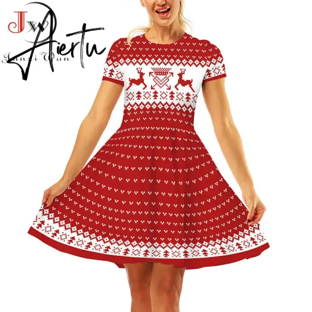 Aiertu  Elegant Print Women Christmas Dress  Short Sleeve High Waist Big Swing Vintage Xmas Party Sundress Casual Robe Femme