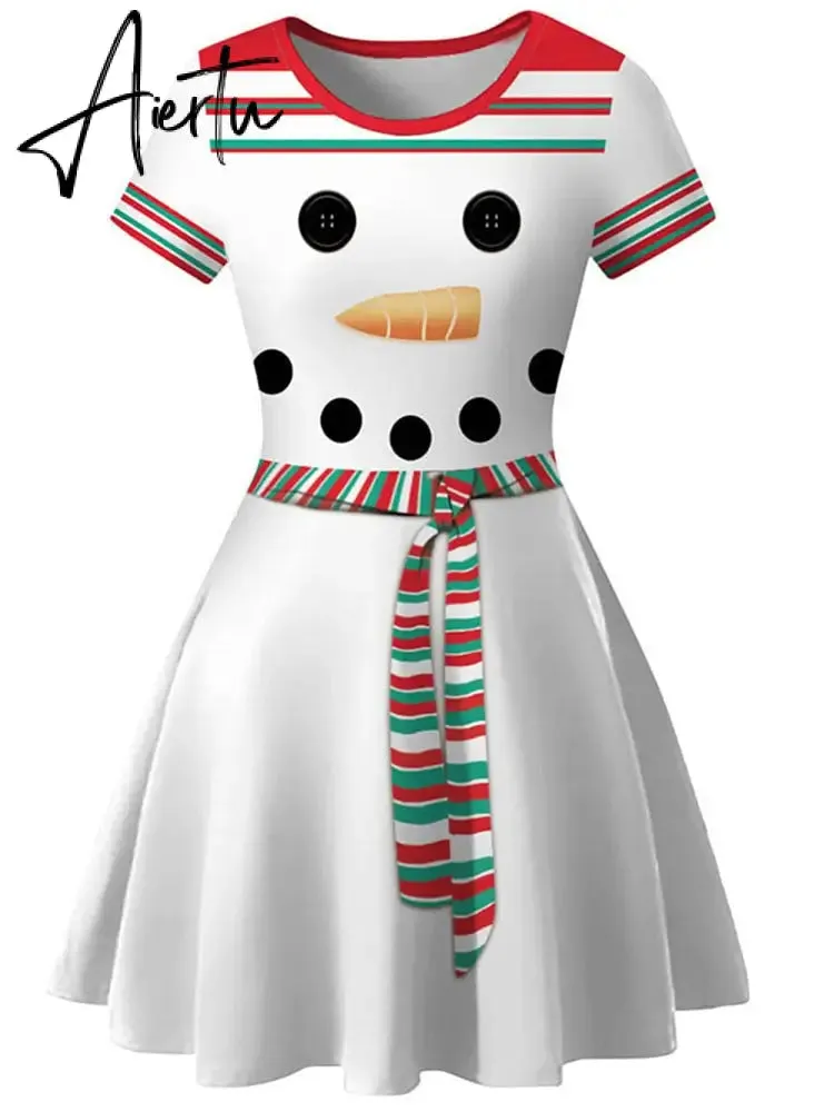 Aiertu  Elegant Print Women Christmas Dress  Short Sleeve High Waist Big Swing Vintage Xmas Party Sundress Casual Robe Femme