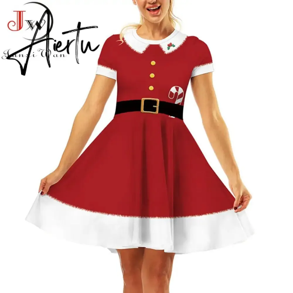 Aiertu  Elegant Print Women Christmas Dress  Short Sleeve High Waist Big Swing Vintage Xmas Party Sundress Casual Robe Femme