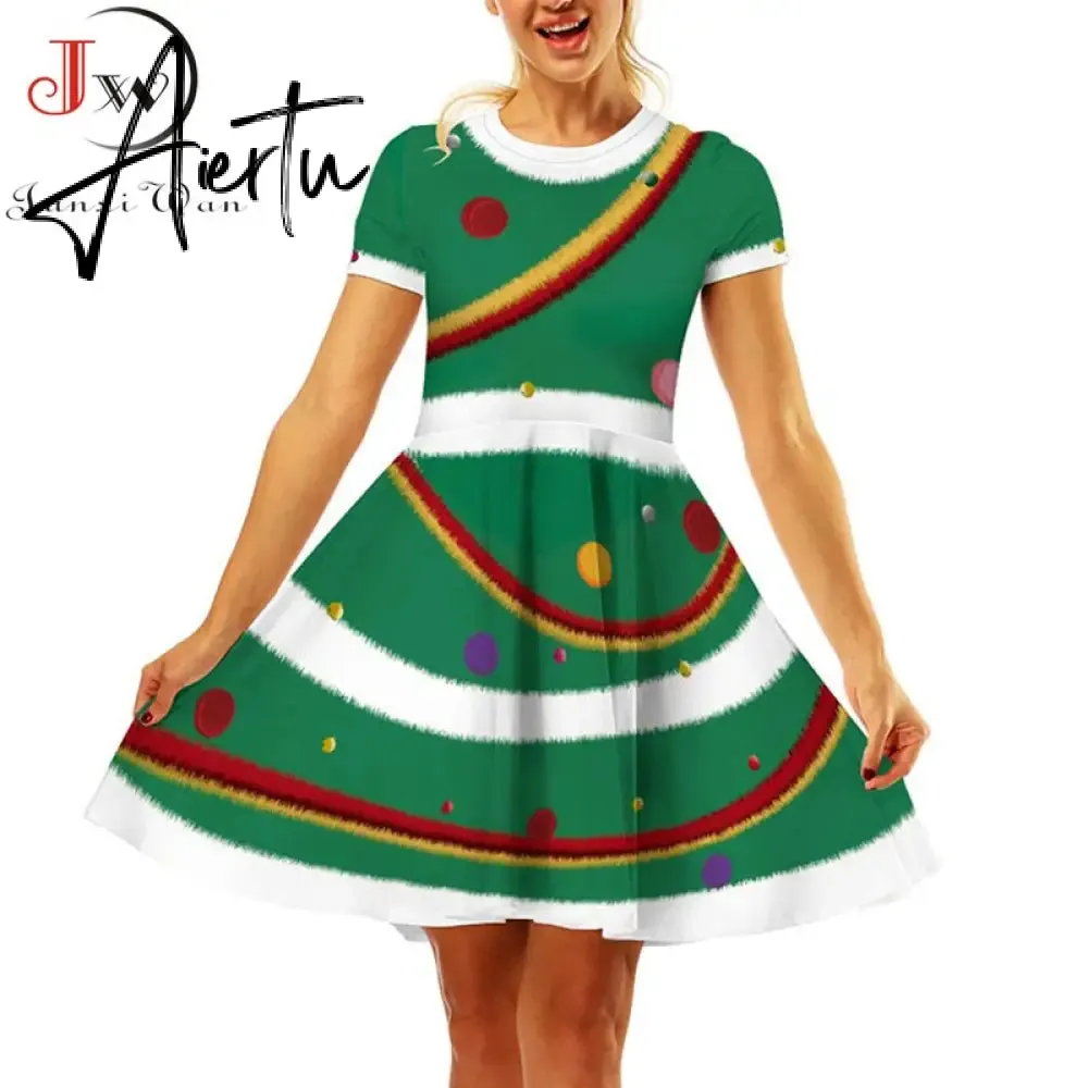 Aiertu  Elegant Print Women Christmas Dress  Short Sleeve High Waist Big Swing Vintage Xmas Party Sundress Casual Robe Femme