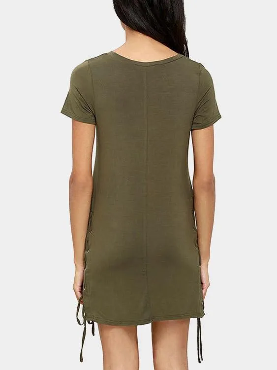 Army Green Scoop Neck Short Sleeve Lace-Up Casual Dresses