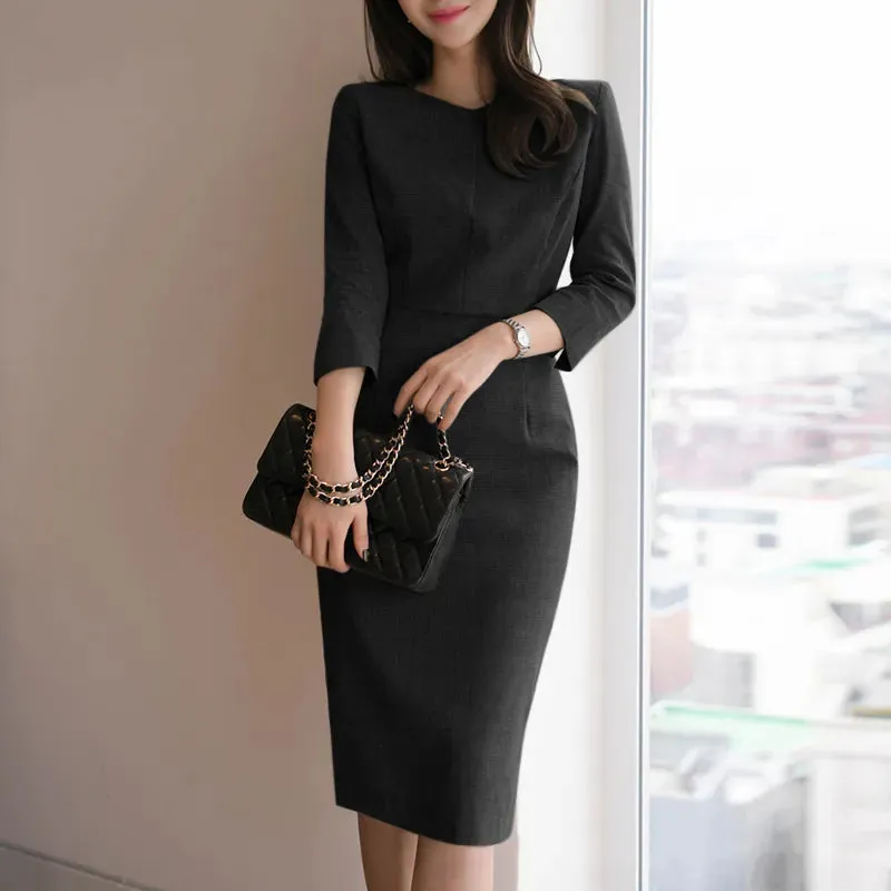Autumn Women V Neck 3/4 Sleeve Bodycorn Dress Fashion Casual Solid Knee-length Vestido Robe Femme Elegant Work Sundress