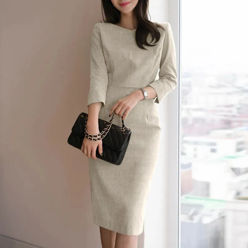Autumn Women V Neck 3/4 Sleeve Bodycorn Dress Fashion Casual Solid Knee-length Vestido Robe Femme Elegant Work Sundress