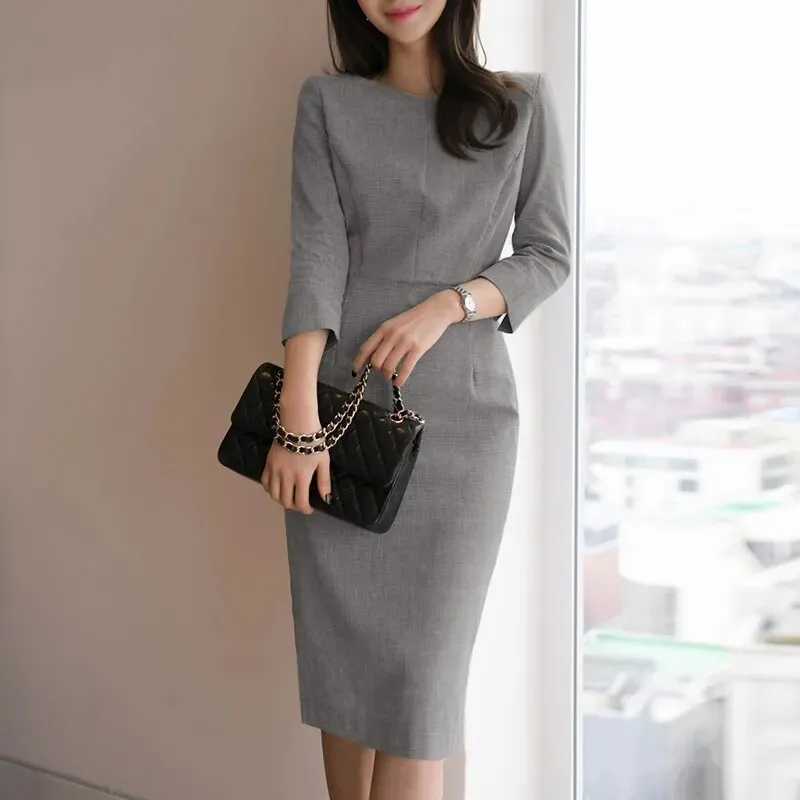 Autumn Women V Neck 3/4 Sleeve Bodycorn Dress Fashion Casual Solid Knee-length Vestido Robe Femme Elegant Work Sundress