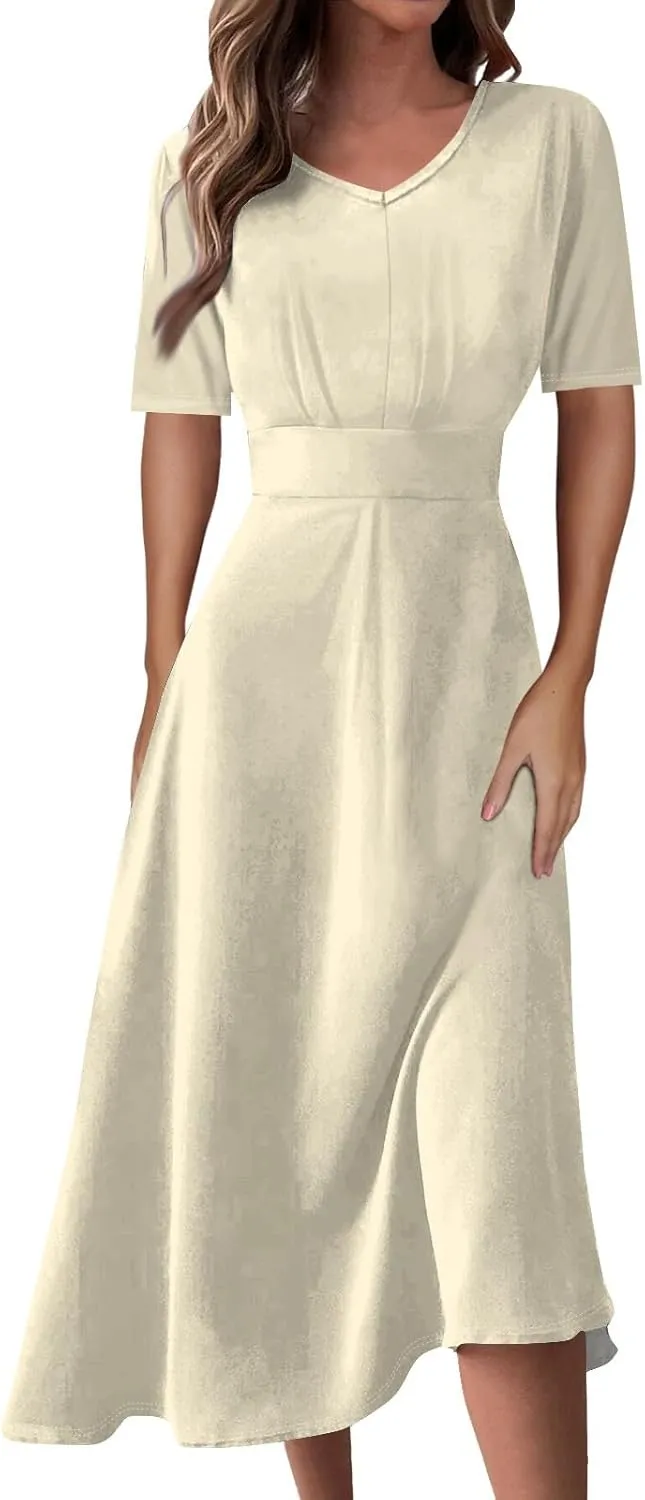 Azeralia Beach Dresses for Women, Summer Elegant Bodycon V Neck Short Sleeve Maxi Dress Flowy Pleated Vacation Boho Dresses