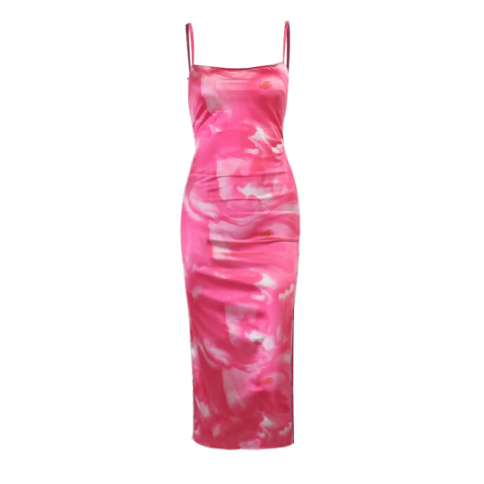 Back To School Joskaa Women Backless Sleeveless Deep Square Neck Bandage Dye Print Wrapped Tight Street Long High Split Sexy Sundress