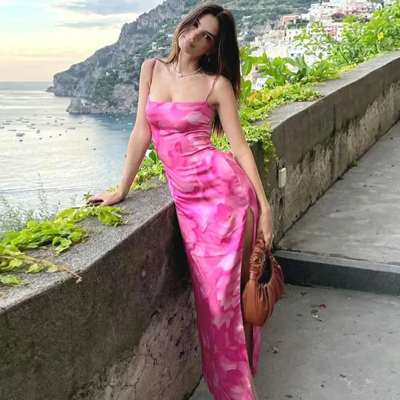 Back To School Joskaa Women Backless Sleeveless Deep Square Neck Bandage Dye Print Wrapped Tight Street Long High Split Sexy Sundress