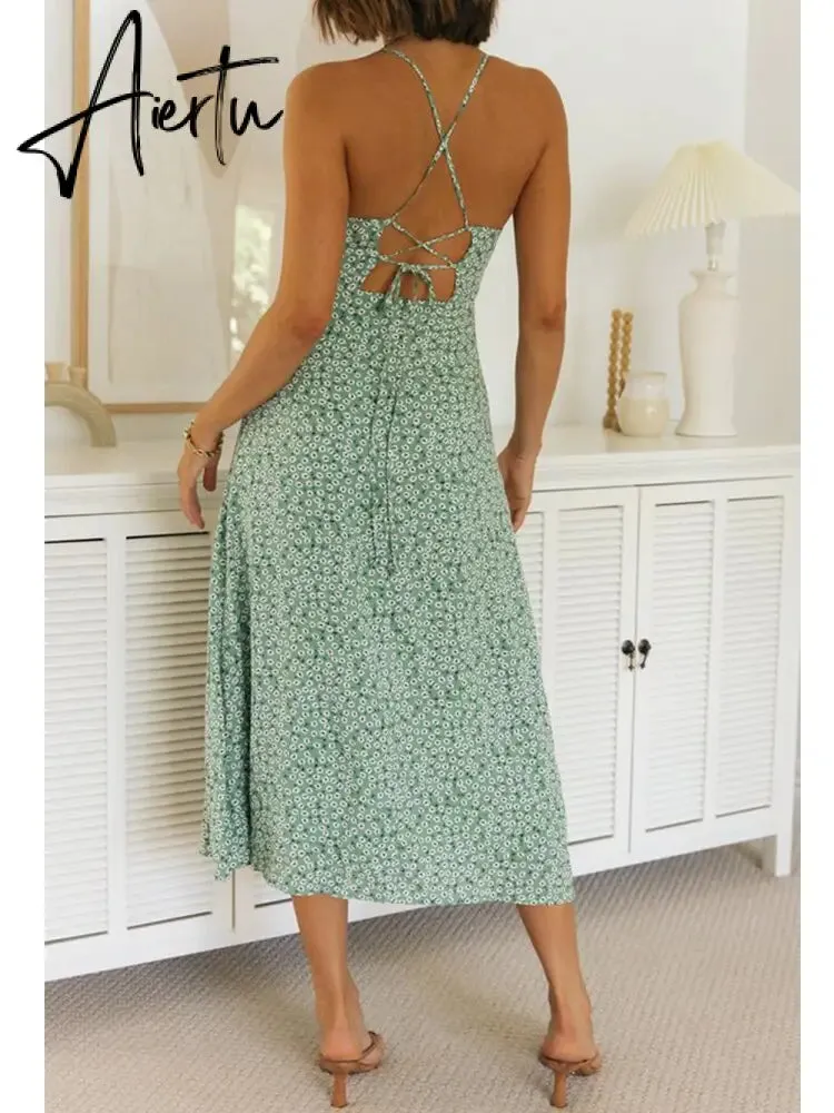 Backless Criss-cross Lace Up Halter Sleeveless Blue Summer Dress Sexy Maxi Elegant Party Beach Sleeveless Sundress Green Cotton
