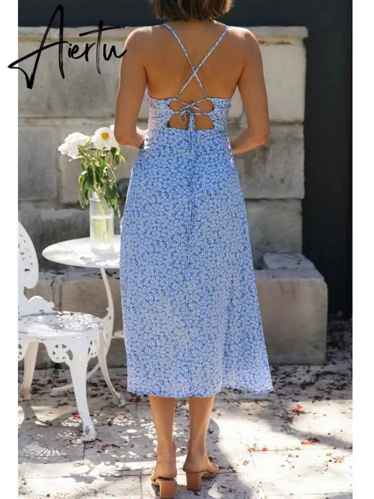 Backless Criss-cross Lace Up Halter Sleeveless Blue Summer Dress Sexy Maxi Elegant Party Beach Sleeveless Sundress Green Cotton