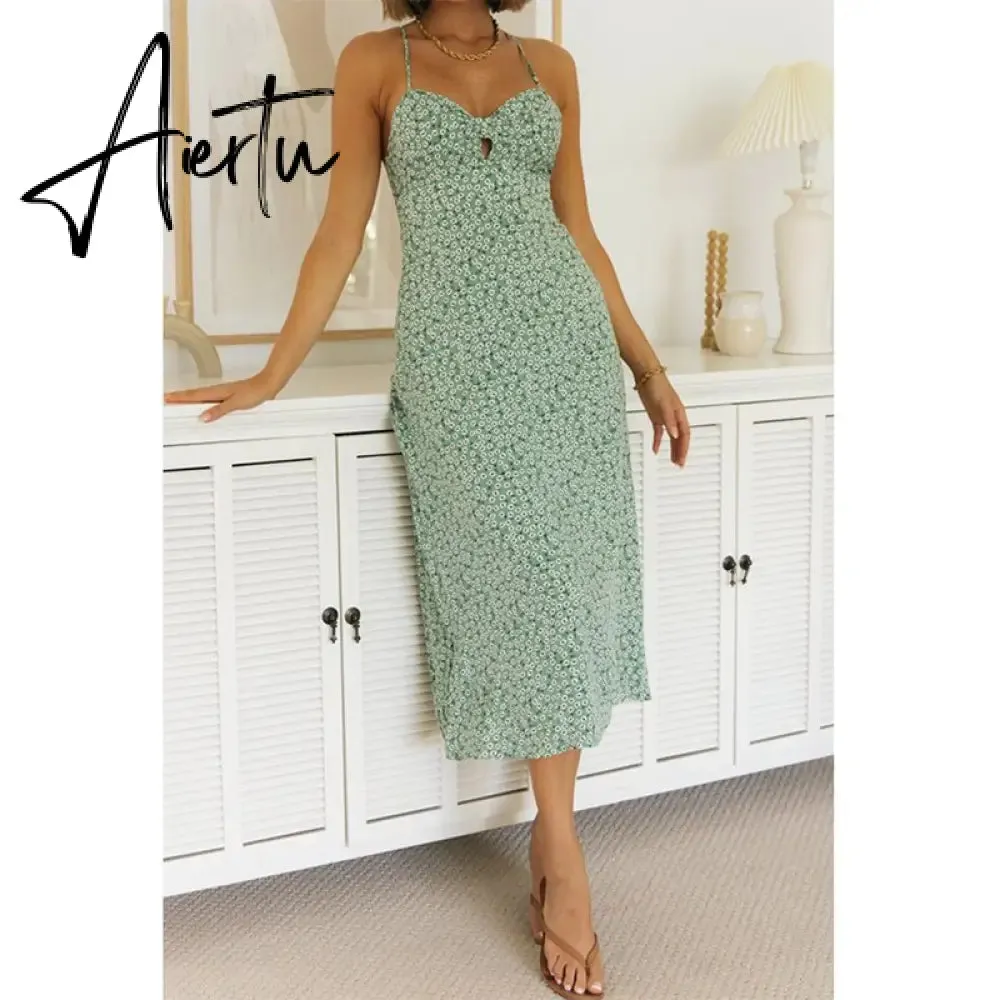 Backless Criss-cross Lace Up Halter Sleeveless Blue Summer Dress Sexy Maxi Elegant Party Beach Sleeveless Sundress Green Cotton