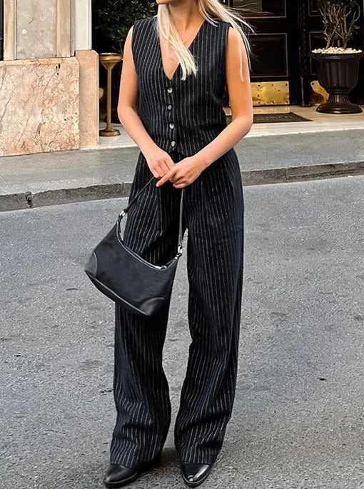 Black and White Striped Sleeveless Vest and Trousers Suits