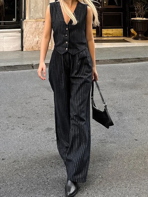 Black and White Striped Sleeveless Vest and Trousers Suits