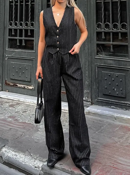 Black and White Striped Sleeveless Vest and Trousers Suits