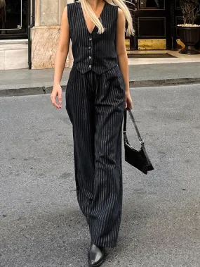 Black and White Striped Sleeveless Vest and Trousers Suits