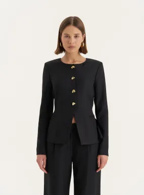 Black Tailored Gold Button Front Split Blazer- Polly
