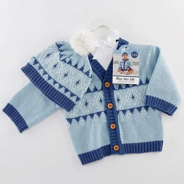 Blue Fair Isle Cardigan and Pom Pom Hat