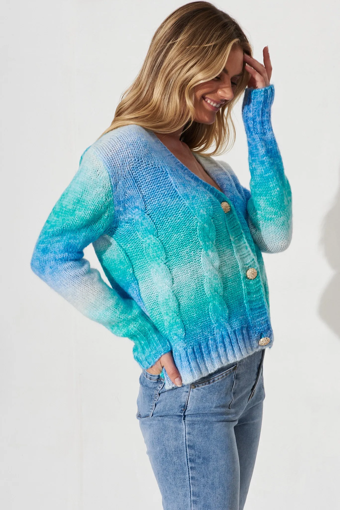Bluestar Knit Cardigan In Mint With Blue Wool Blend
