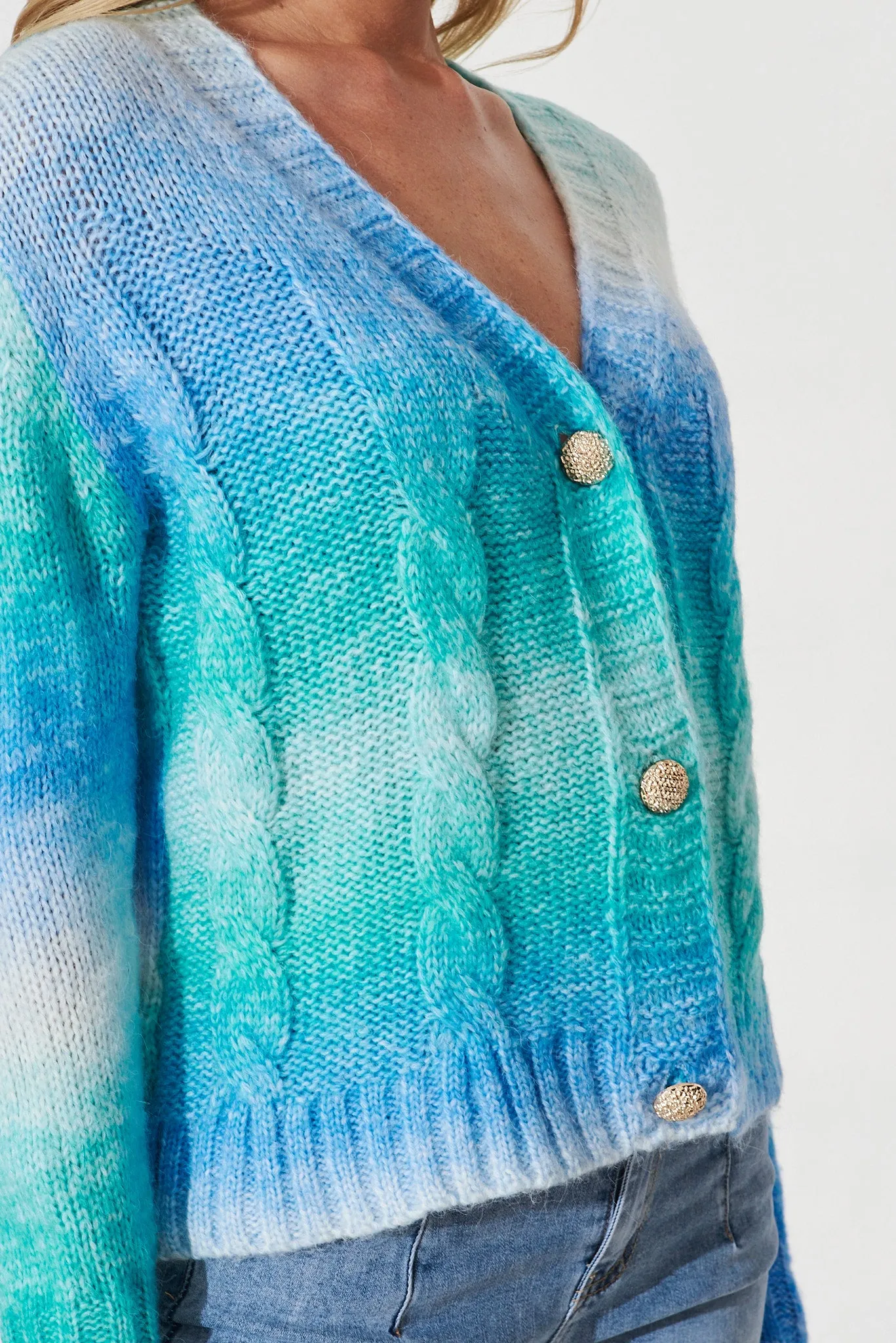 Bluestar Knit Cardigan In Mint With Blue Wool Blend