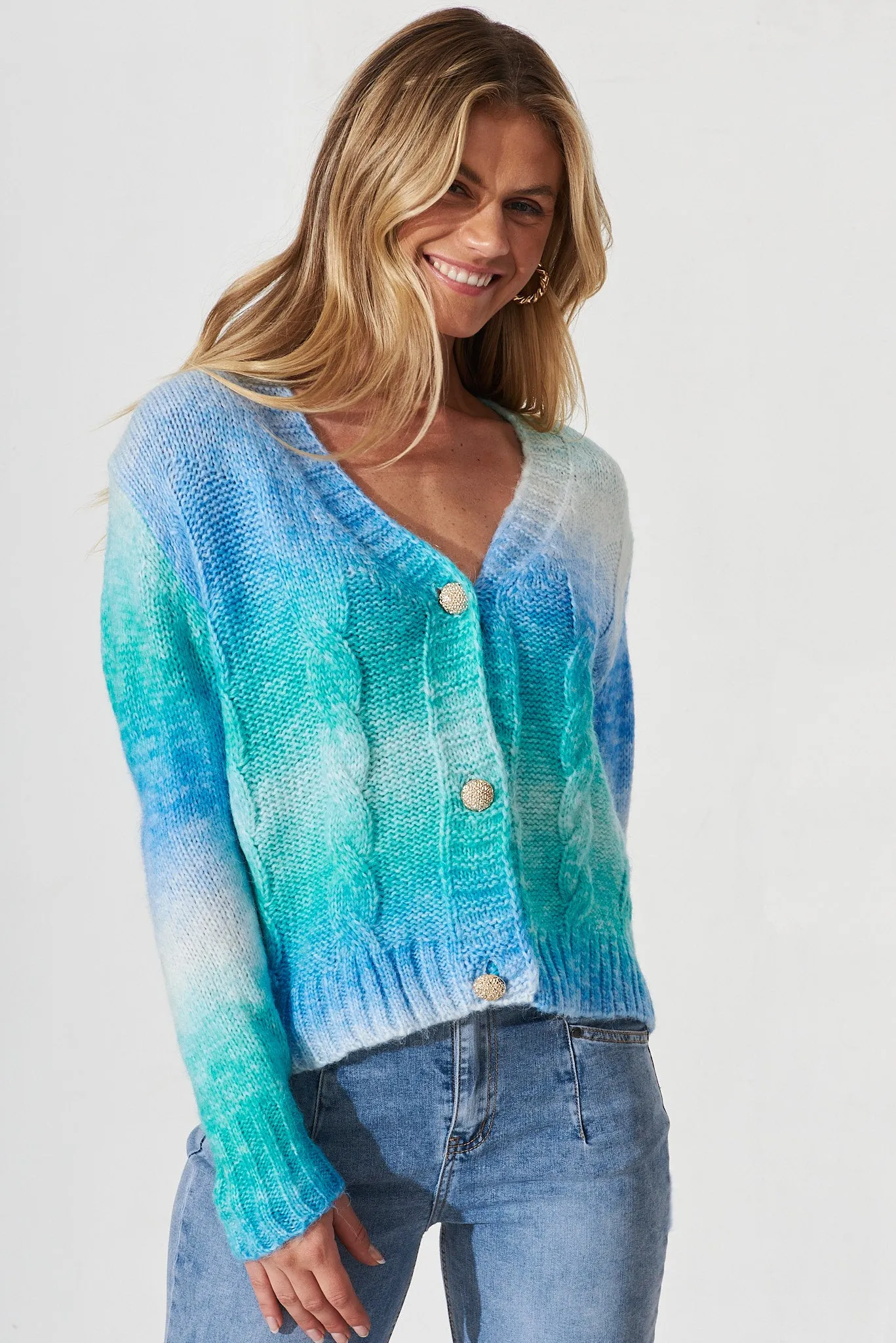 Bluestar Knit Cardigan In Mint With Blue Wool Blend