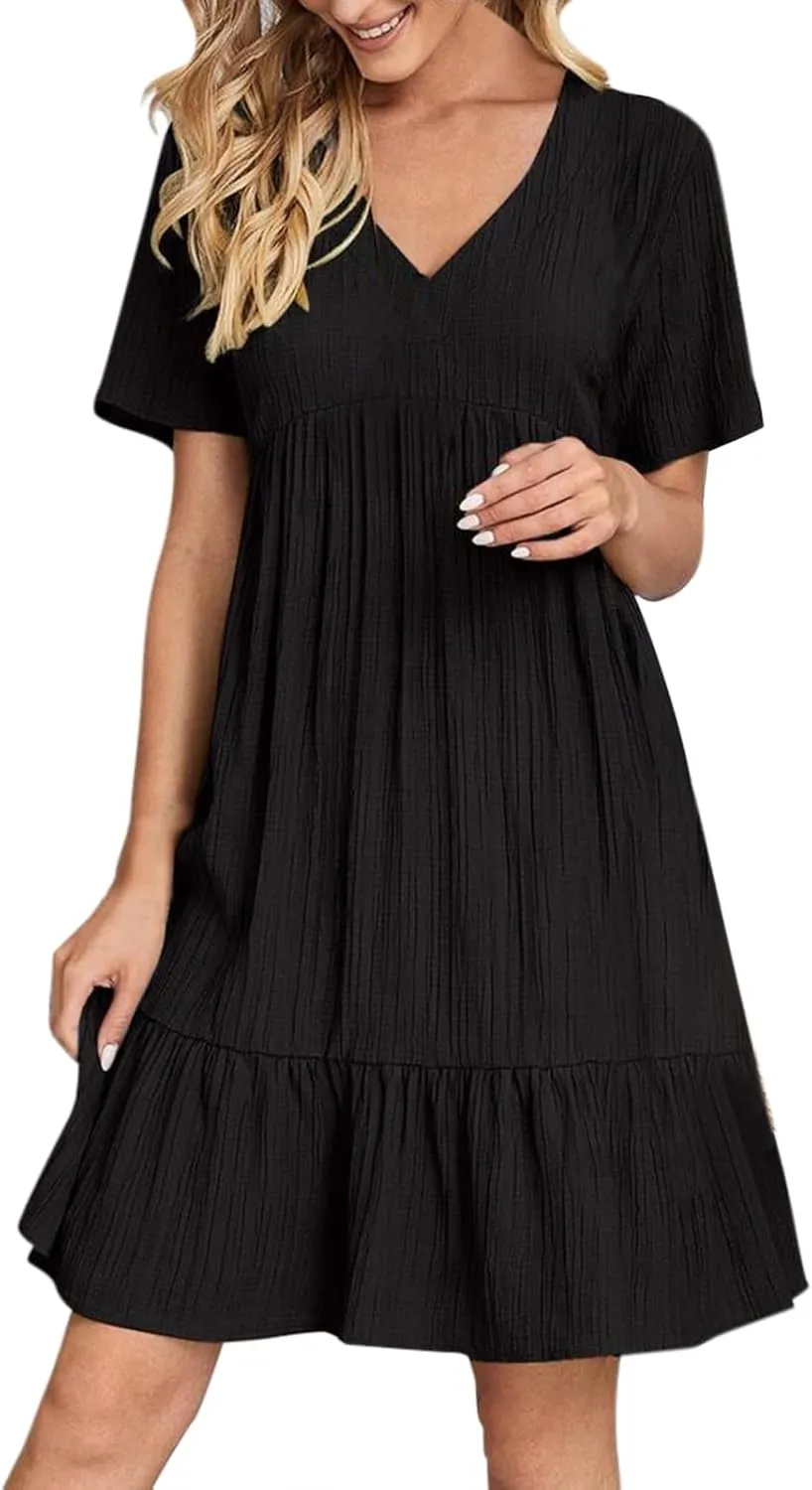 Boho Dresses for Women 2025 Summer Short Sleeve Midi Dresses V-Neck Knit Pleated A Line Swing Casual Loose Basic Dress