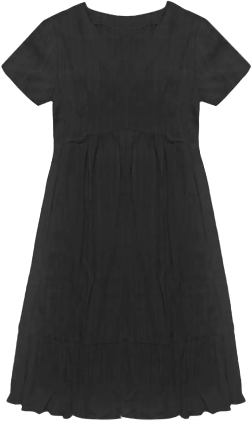 Boho Dresses for Women 2025 Summer Short Sleeve Midi Dresses V-Neck Knit Pleated A Line Swing Casual Loose Basic Dress
