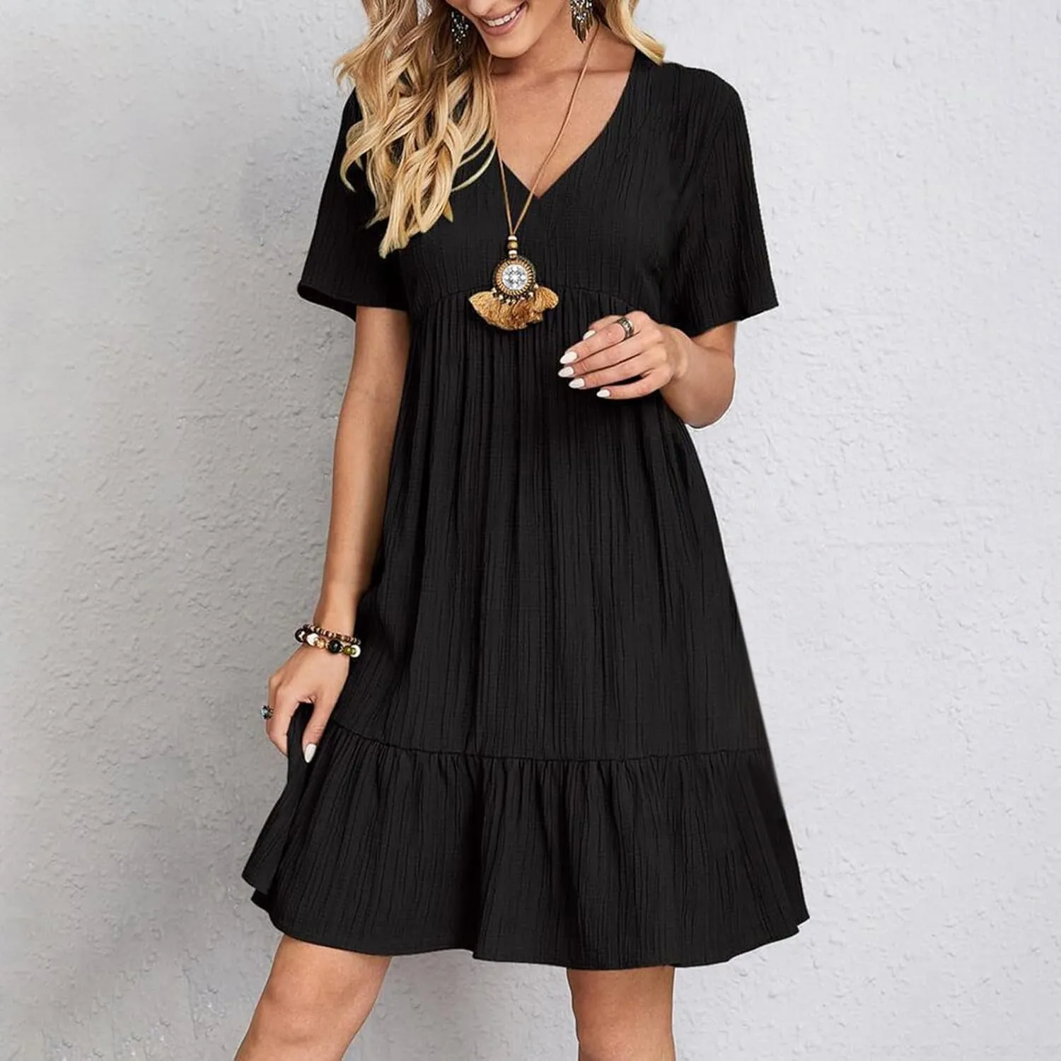 Boho Dresses for Women 2025 Summer Short Sleeve Midi Dresses V-Neck Knit Pleated A Line Swing Casual Loose Basic Dress