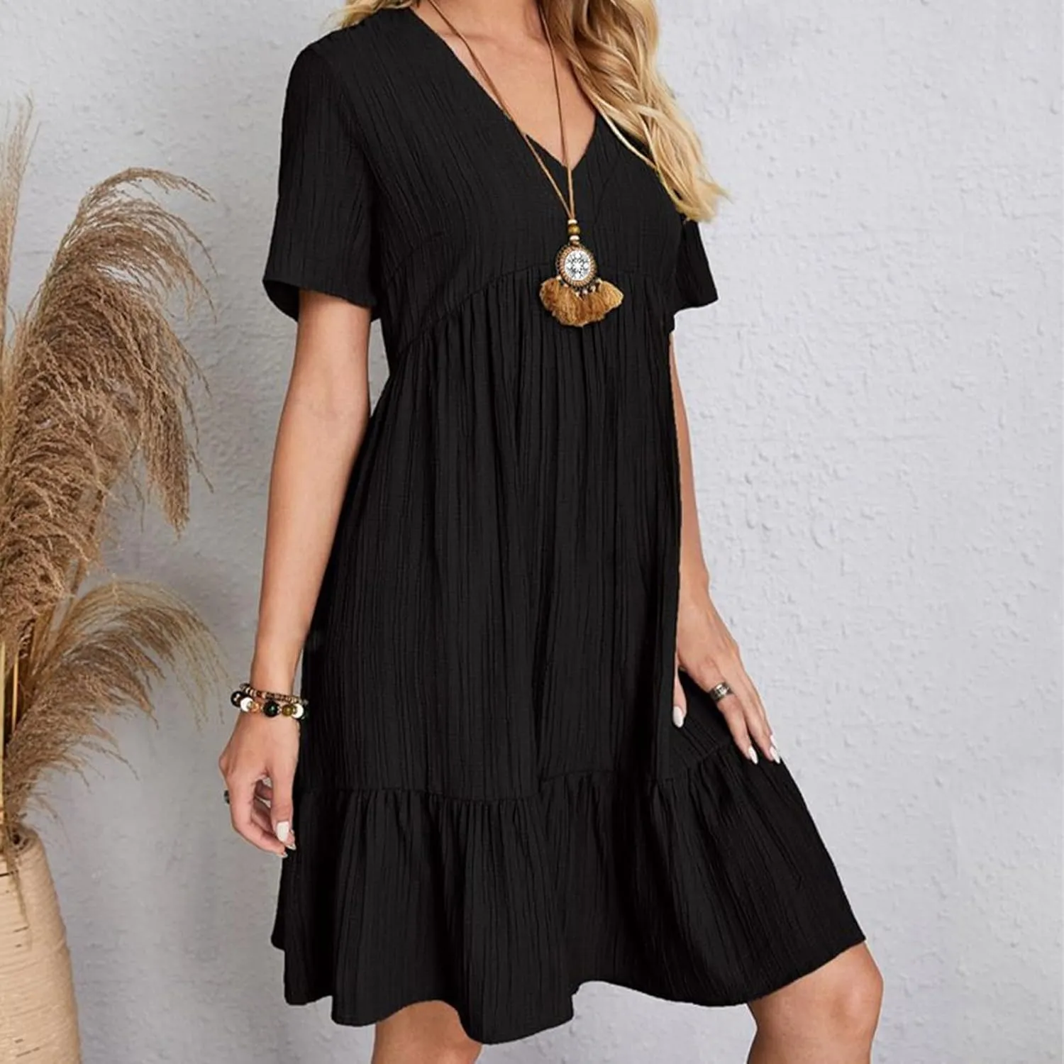 Boho Dresses for Women 2025 Summer Short Sleeve Midi Dresses V-Neck Knit Pleated A Line Swing Casual Loose Basic Dress