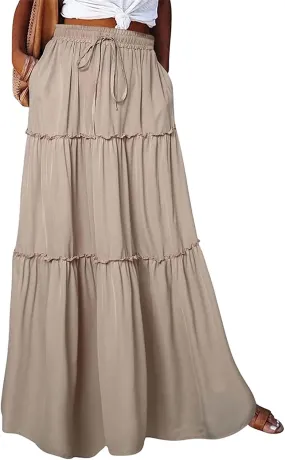 Boho Skirts for Women Summer Casual Summer Elastic High Waist A-Line Ruffle Hem Maxi Skirt Beach Long Skirt