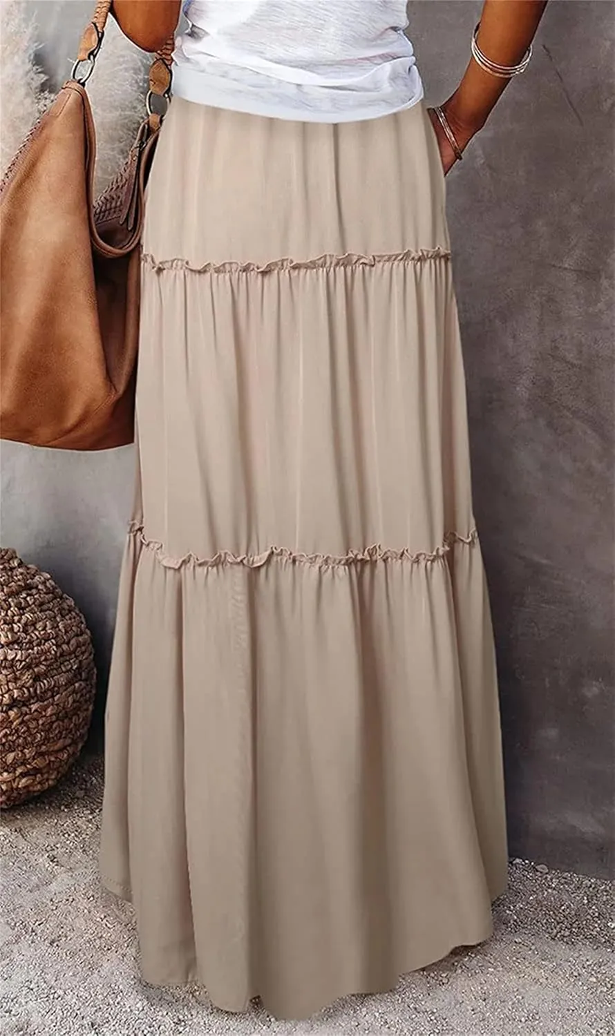 Boho Skirts for Women Summer Casual Summer Elastic High Waist A-Line Ruffle Hem Maxi Skirt Beach Long Skirt