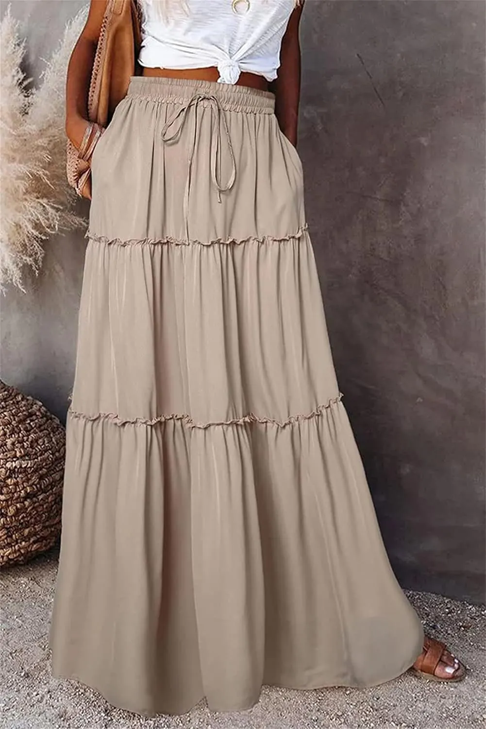Boho Skirts for Women Summer Casual Summer Elastic High Waist A-Line Ruffle Hem Maxi Skirt Beach Long Skirt