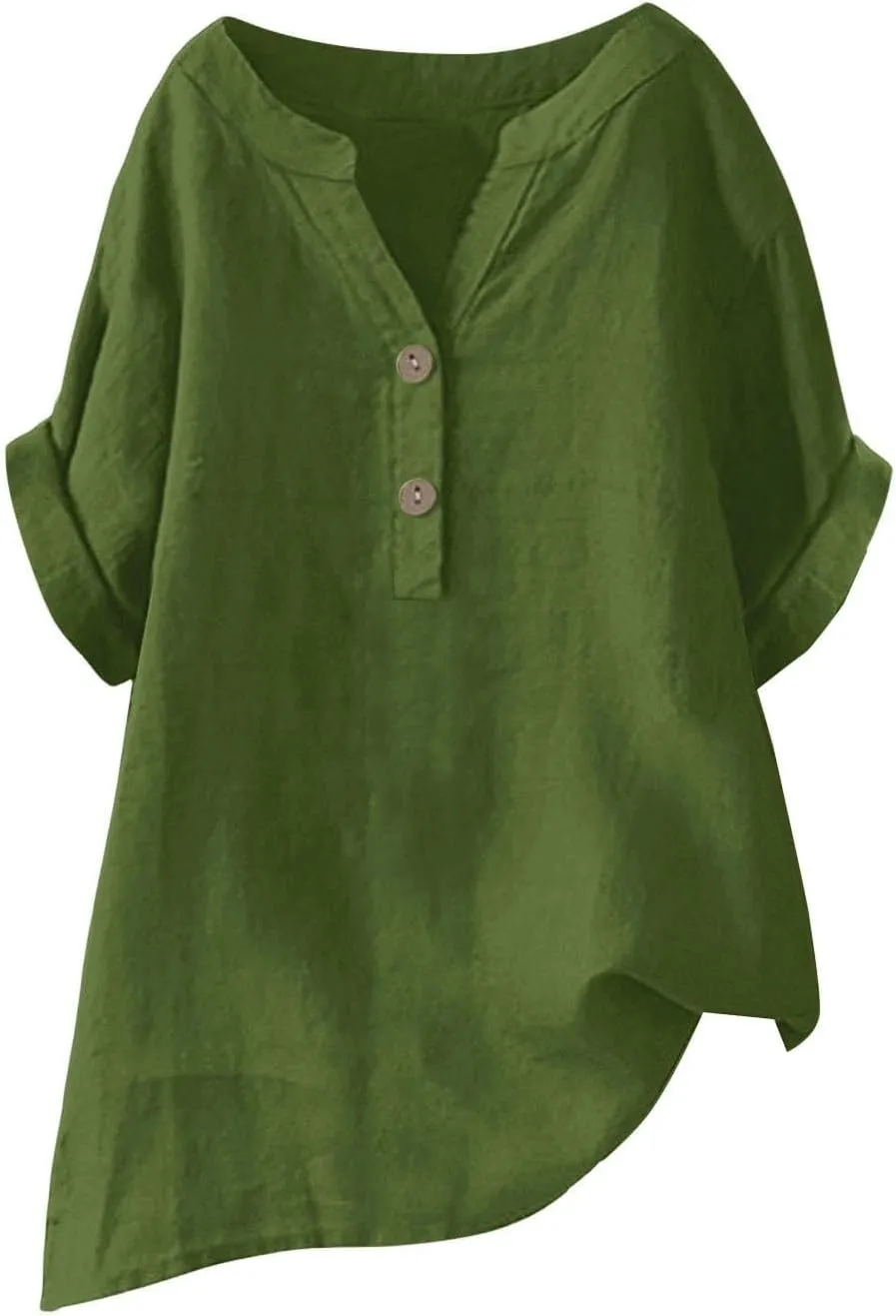 Button Cotton Linen Shirt - Women's 3/4 Sleeve Tee Solid Color Lightweight Breathable Tops for Vacation