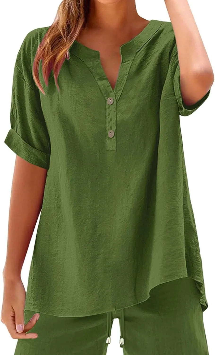Button Cotton Linen Shirt - Women's 3/4 Sleeve Tee Solid Color Lightweight Breathable Tops for Vacation