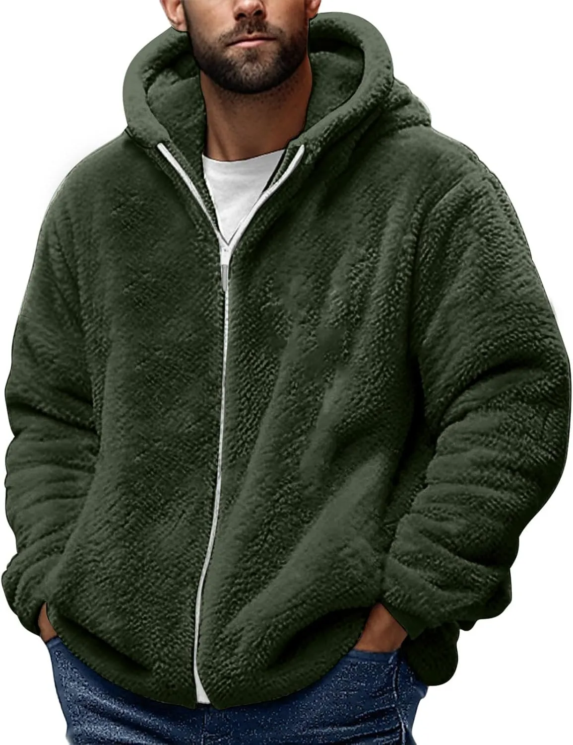 Cambkatl Men's Fuzzy Sherpa Hoodie Jacket Full Zip Up Fleece Long Sleeve Loose Soft Hooded Sweatshirt Athletic Sports Coat